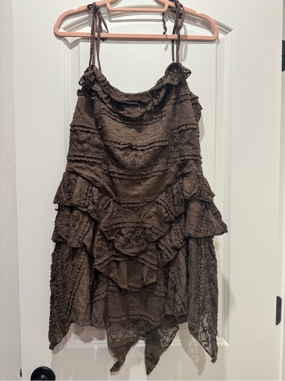 Brown Lace Tiered Dress with Ruffle Details